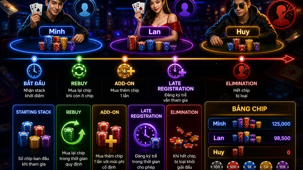 Rebuy, add-on hay late registration? Giải mã Alo789 poker giải đấu cho người chơi quay lại